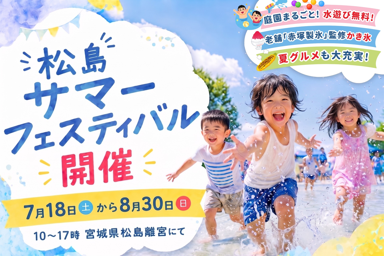 【松島離宮】夏休みの予定はこれで決まり！水遊びゾーンが完全無料に！1日限定20食のかき氷に大きさ3倍の牡蠣！てんこ盛りの「松島サマーフェスティバル」7月18日から開催